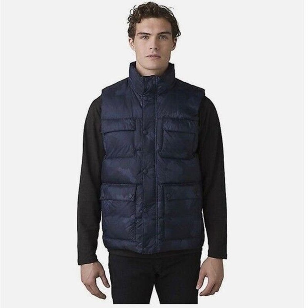 prAna Red Slate Blue Camo Puffer Vest Men's NWT Size L Snap Button Outdoor